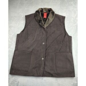 Olsen‎ Europe Brown Faux Suede Vest Faux Fur Lined Shawl Collar Size 12 Womens